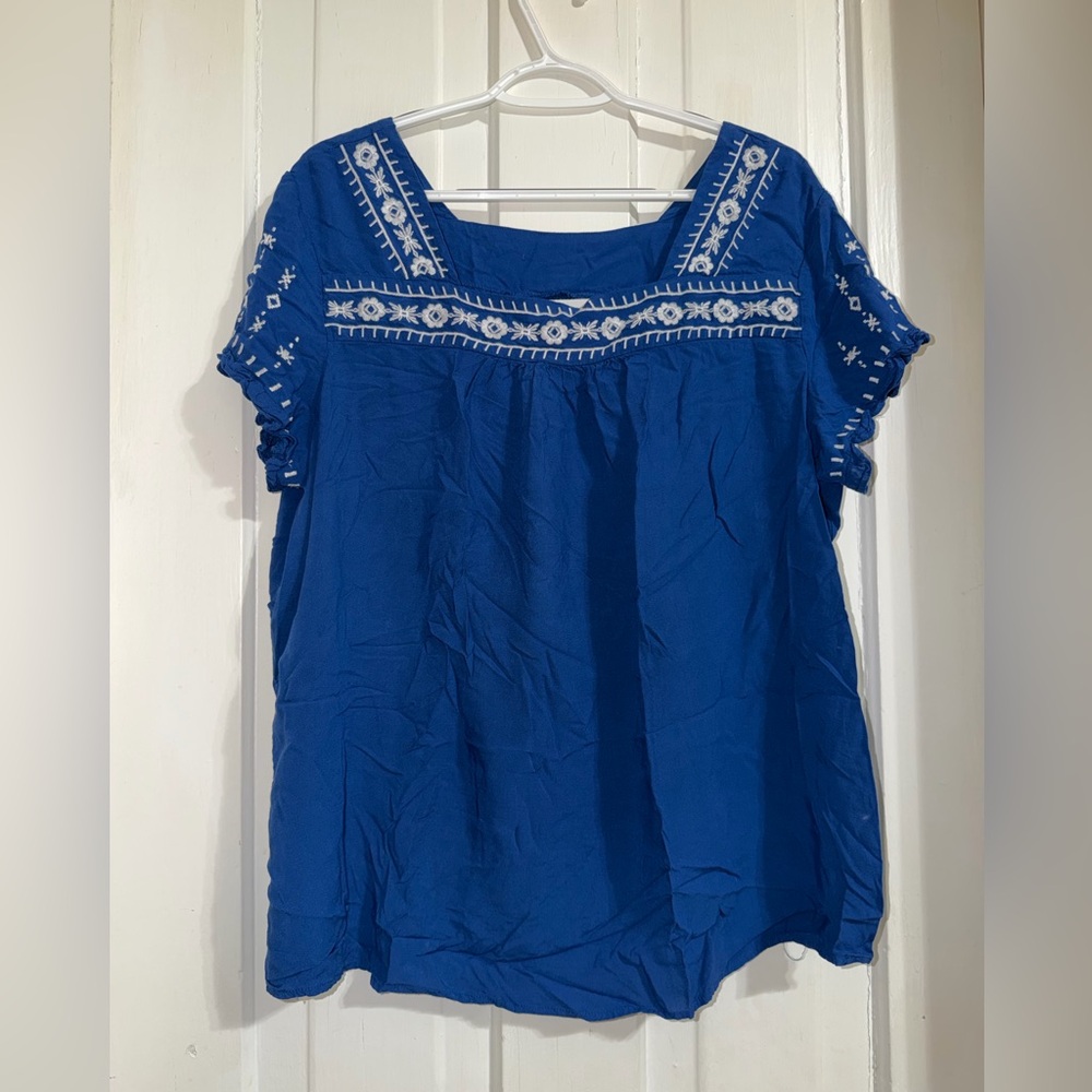 VTG Women's plus size‎ 2X Blue Blouse with White Embroidery Tantrums cottagecore